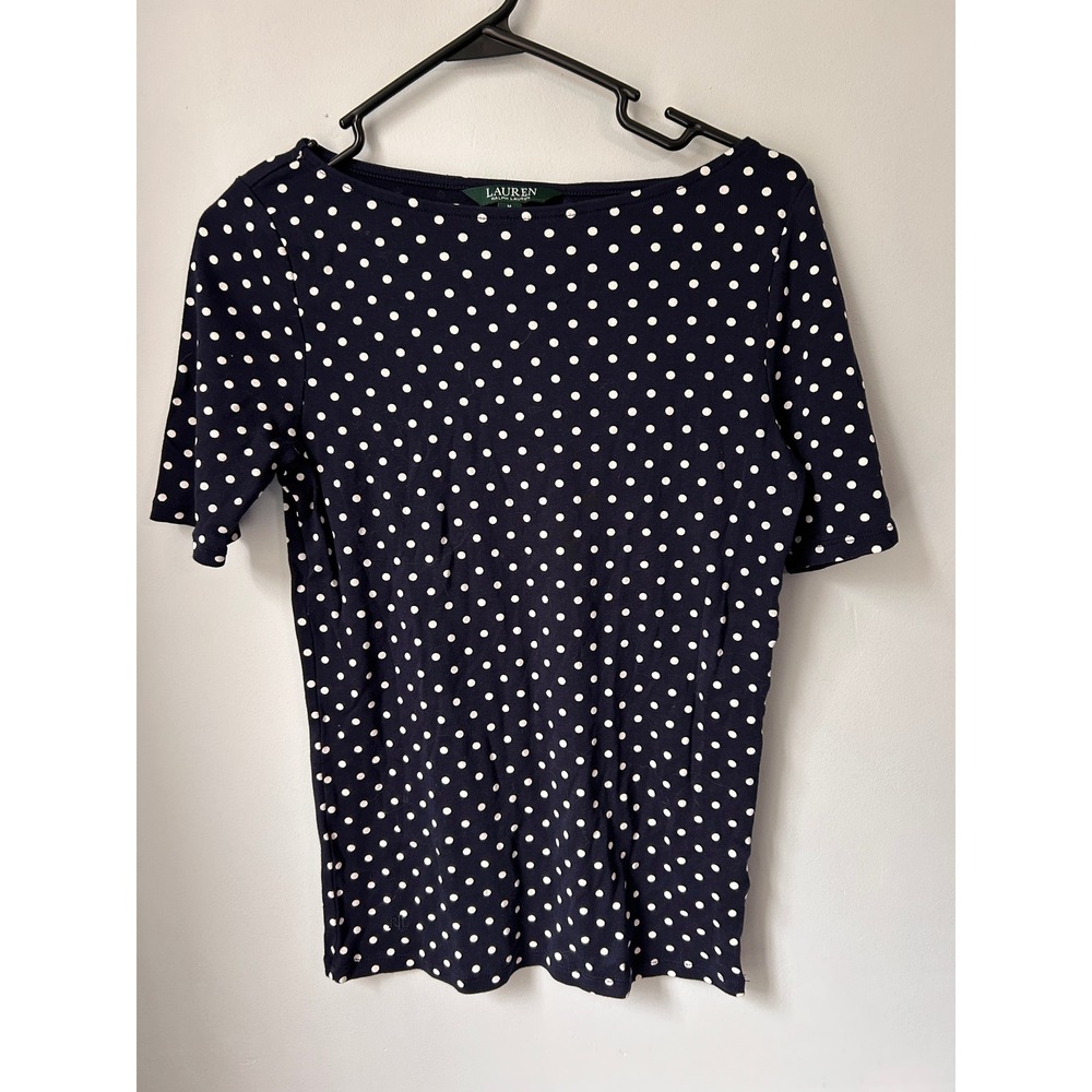 Lauren Ralph Lauren Navy Blue White Polka Dot Cotton Boat Neck Top M